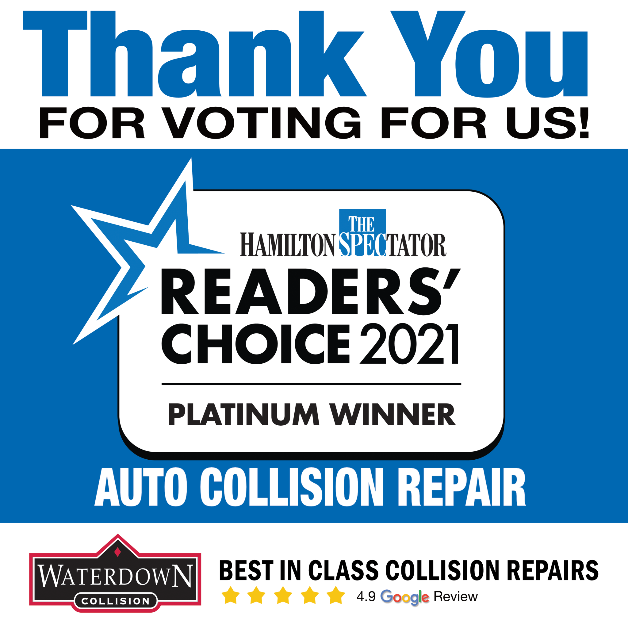 Waterdown Collision 2021 Readers' Choice Platinum Award Winner